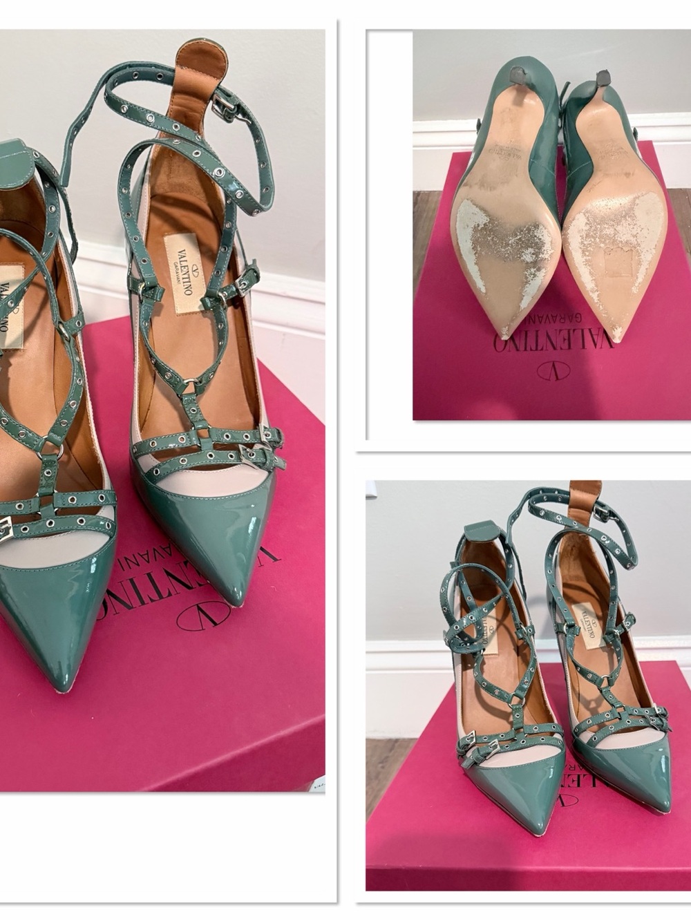 Valentino Teal Patent Leather Stud-Trim Pointed-Toe Ankle-Strap Heels